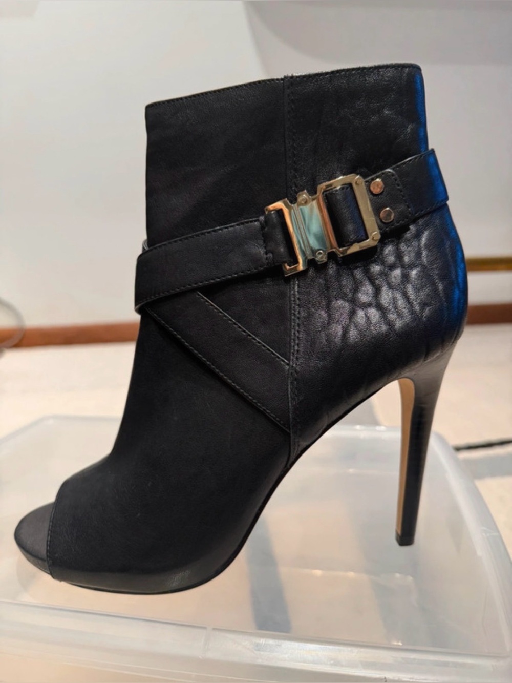 Vince Camuto Black Peep-Toe Stiletto Ankle Boot with Gold Buckle
